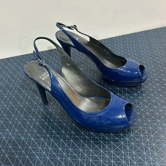 Stuart Weitzman Peep Toe asking Back Leather Pump  Blue - Picture 2 of 9